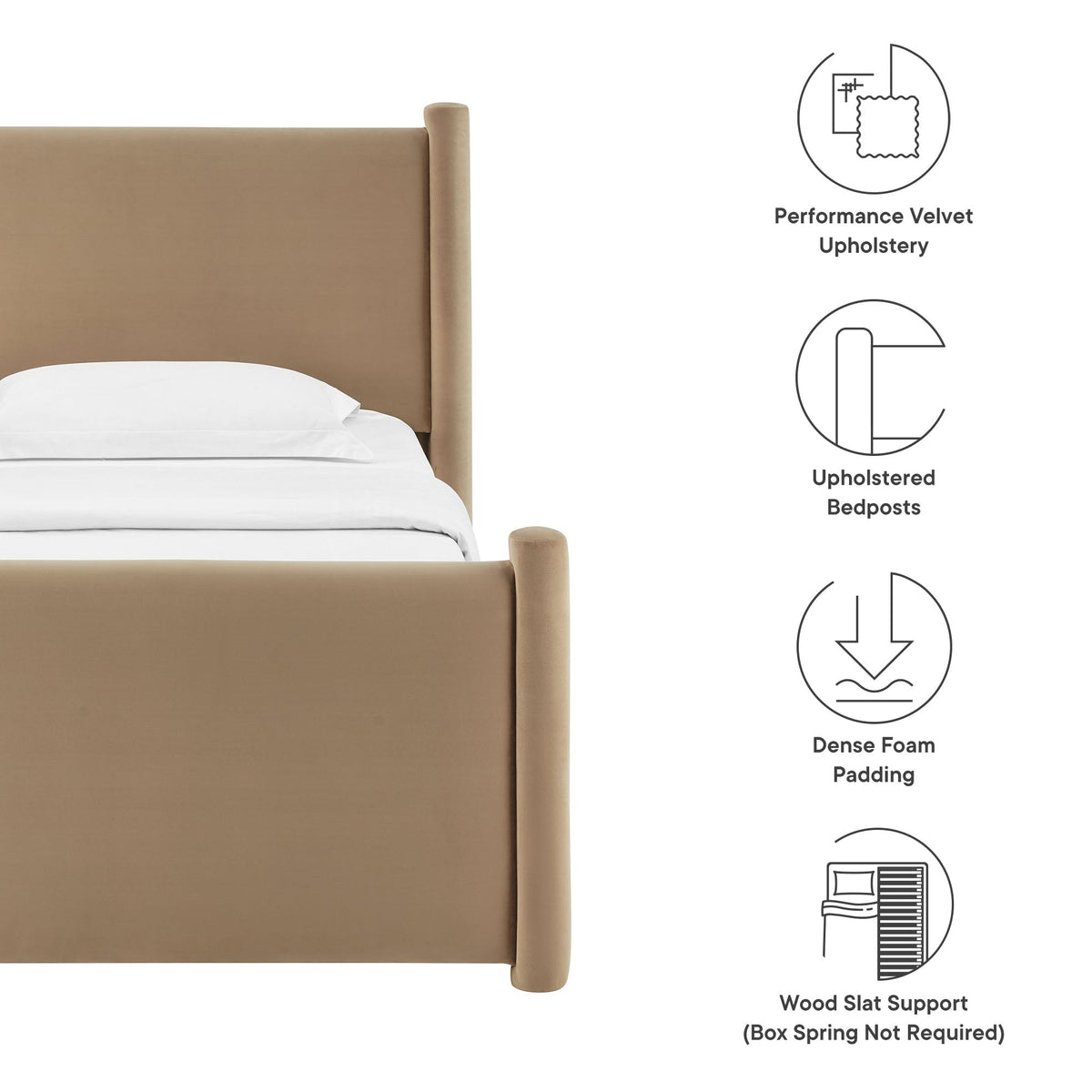 Rael rounded-post platform bed in tan performance velvet upholstery on Tampa Home & Garden Store