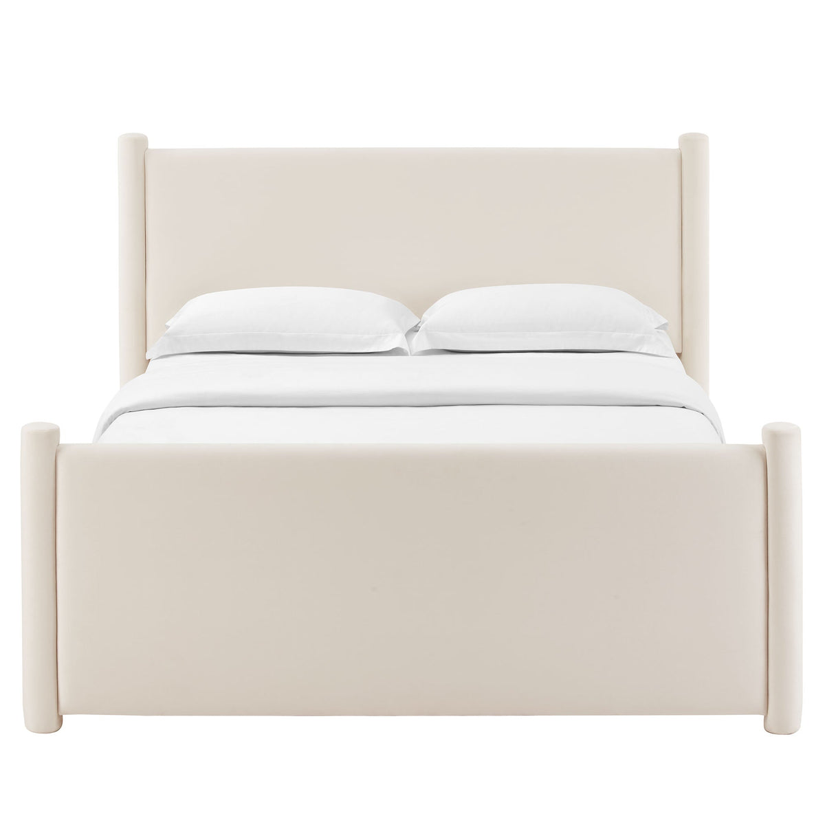 Rael rounded-post velvet platform bed in cream with padded headboard on Tampa Home & Garden Store