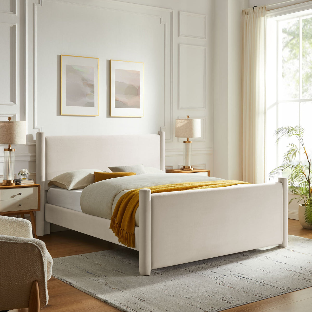 Rael Rounded Post Platform Bed by Modway in ivory performance velvet with mustard throw on Tampa Home & Garden Store