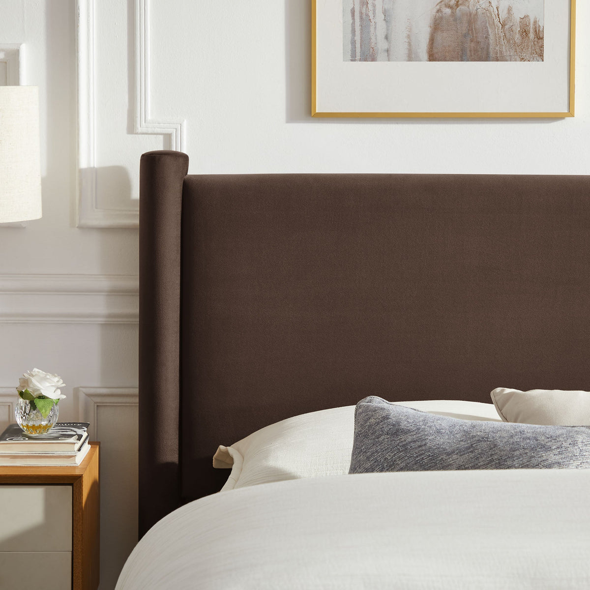 Rael rounded-post velvet platform bed by Modway in brown velvet with white bedding on Tampa Home & Garden Store