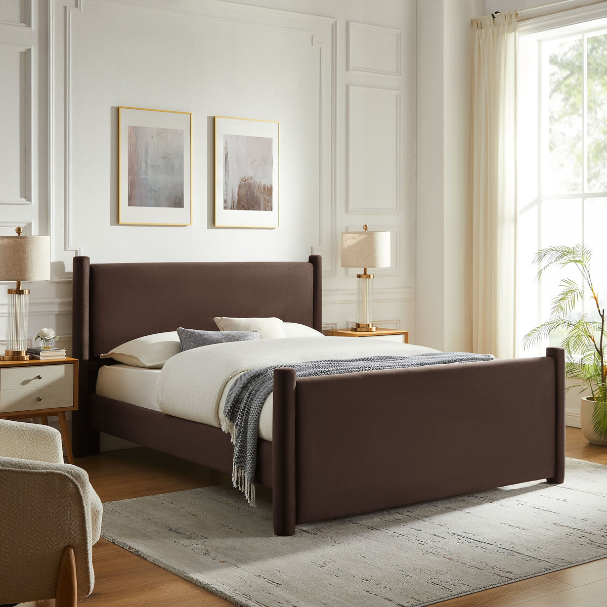 Rael rounded-post performance velvet platform bed in rich brown with white bedding on Tampa Home & Garden Store