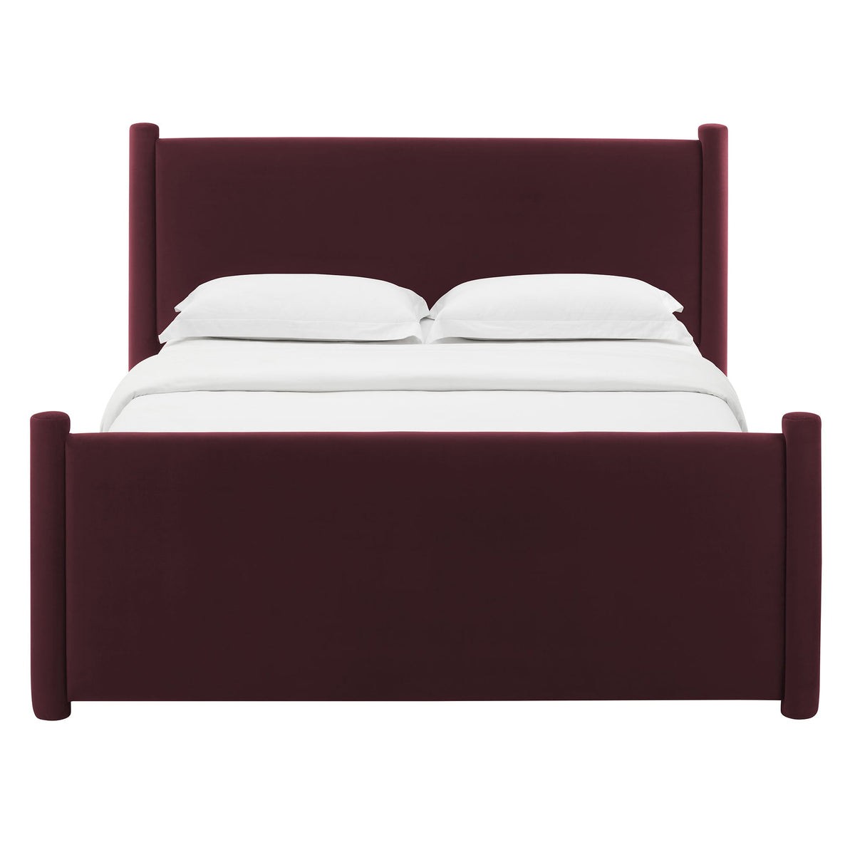 Rael rounded-post velvet platform bed by Modway in burgundy with white bedding on Tampa Home & Garden Store