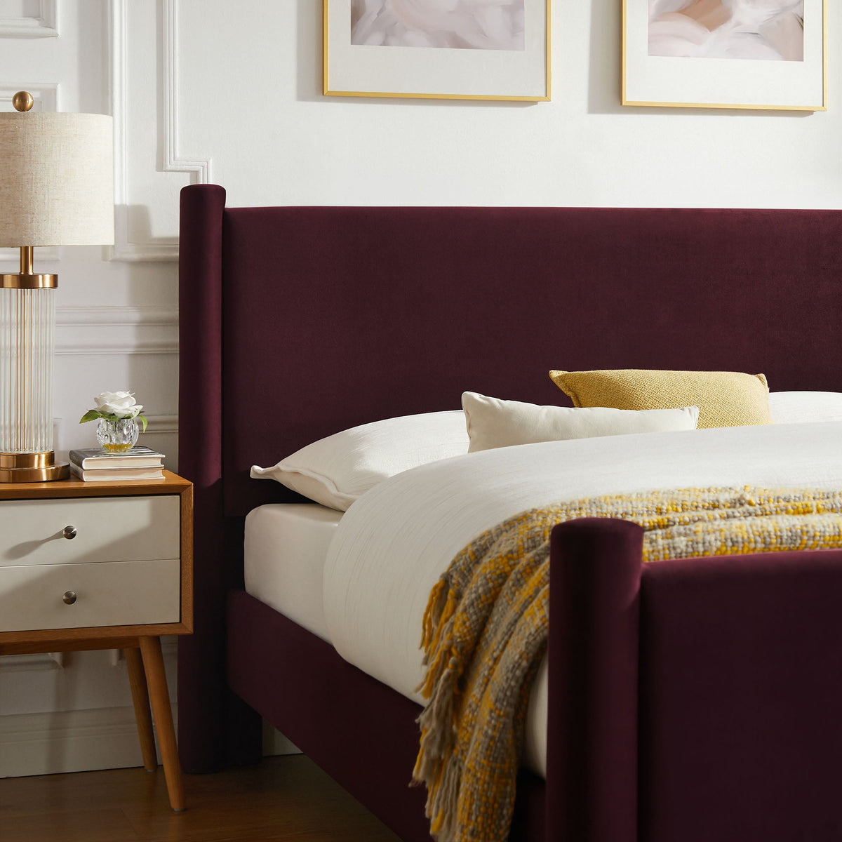 Rael rounded-post velvet platform bed in deep burgundy with ivory bedding by HouseOfZazla on Tampa Home & Garden Store