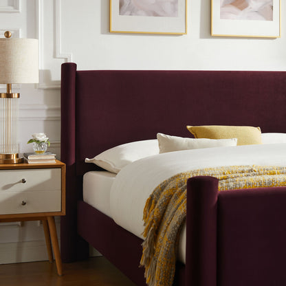 Rael rounded-post velvet platform bed in deep burgundy with ivory bedding by HouseOfZazla on Tampa Home & Garden Store