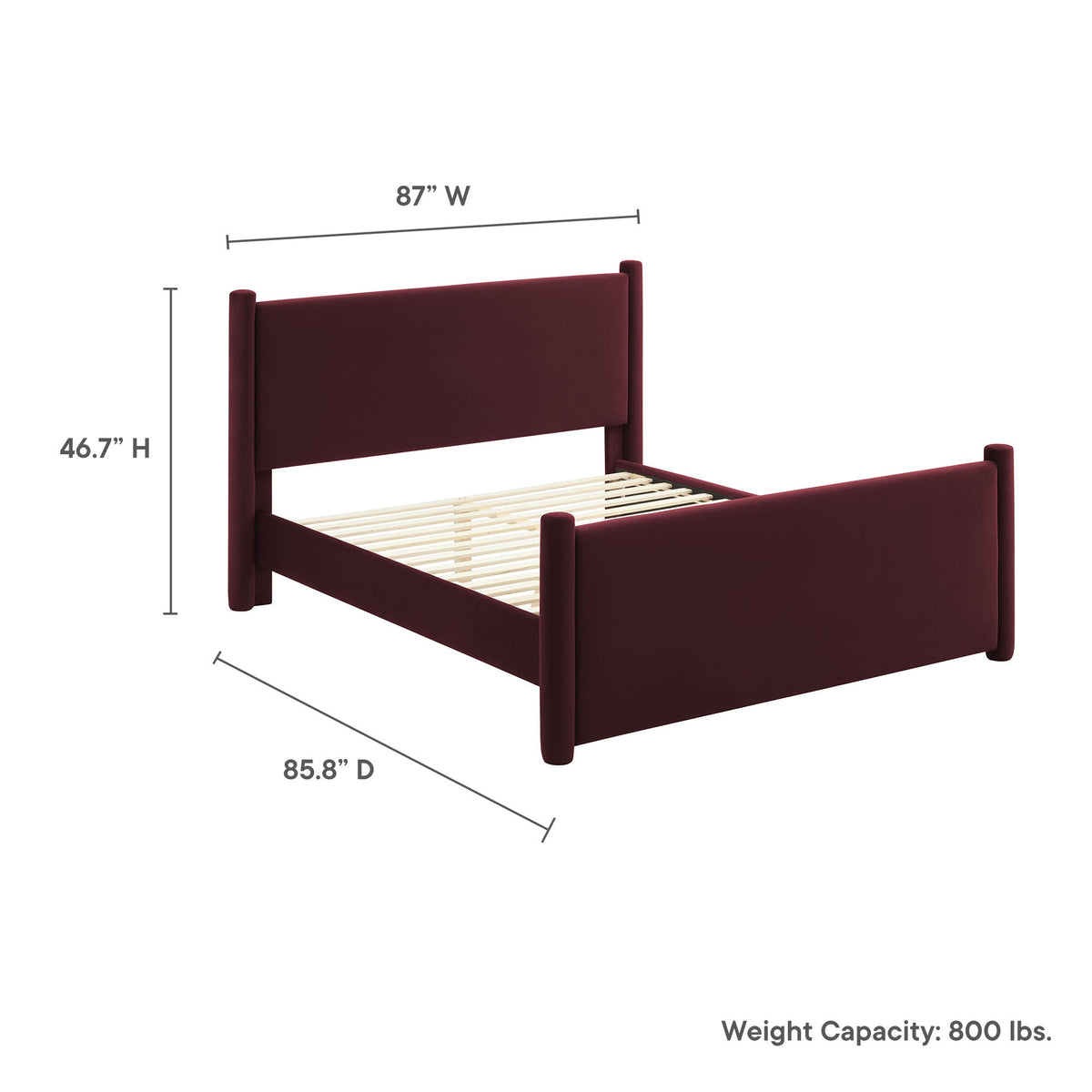 Rael velvet platform bed burgundy with upholstered headboard and footboard slat foundation on Tampa Home & Garden Store