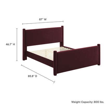 Rael velvet platform bed burgundy with upholstered headboard and footboard slat foundation on Tampa Home & Garden Store