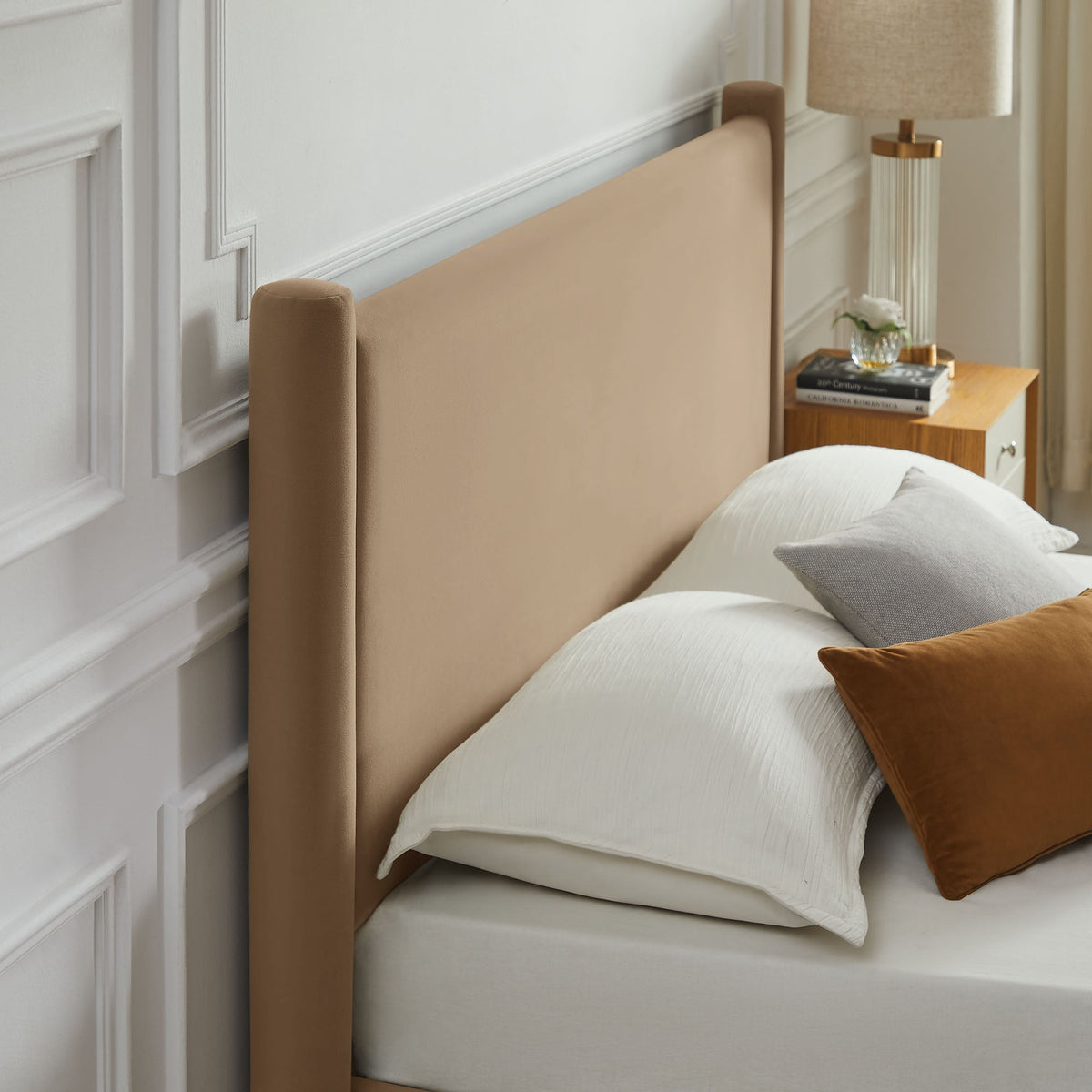 Rael rounded post performance velvet platform bed by Modway in beige velvet with rounded posts on Tampa Home & Garden Store