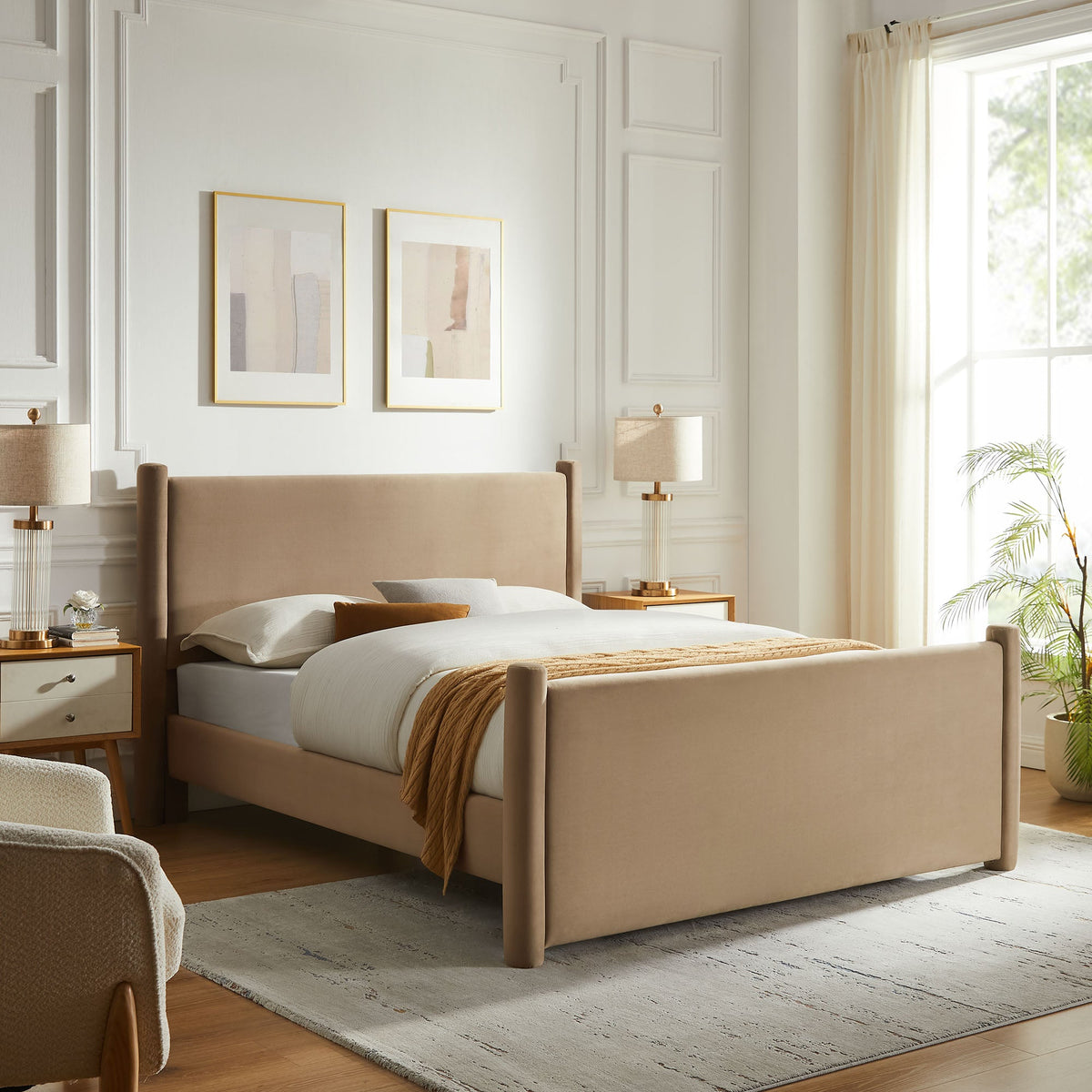 Rael rounded-post velvet platform bed beige upholstery by Modway in a modern bedroom on Tampa Home & Garden Store