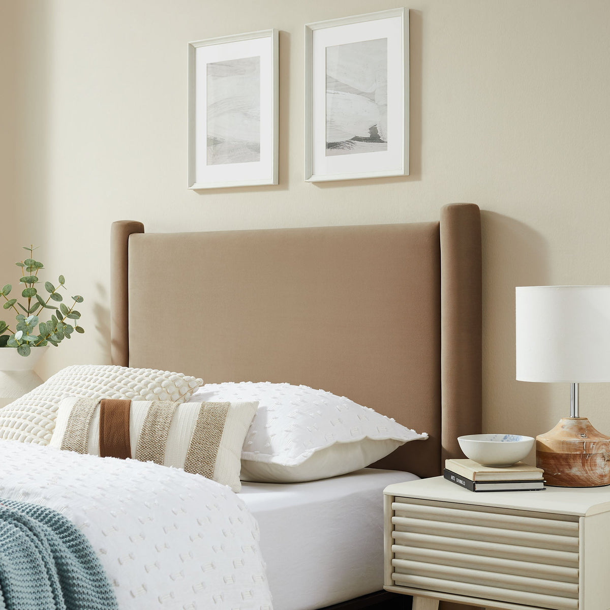 Rael Performance Velvet Twin Headboard by Modway in taupe velvet, shown with neutral bedding on Tampa Home & Garden Store