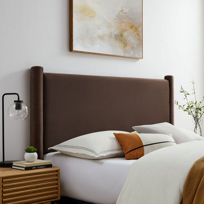 Rael Performance Velvet Headboard in warm brown velvet upholstery, modern bed centerpiece on Tampa Home & Garden Store