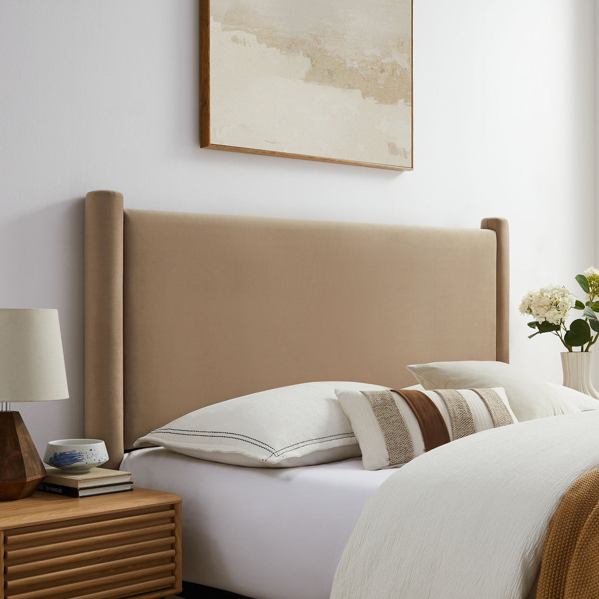 Rael Performance Velvet Headboard by Modway, taupe velvet with tall padded panels on Tampa Home & Garden Store