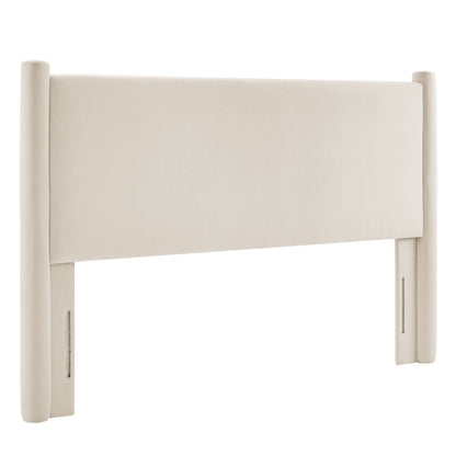 Rael Performance Velvet Headboard cream velvet upholstery with tall rounded posts on Tampa Home & Garden Store