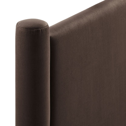 Rael performance velvet headboard in chocolate velvet with curved upholstered panel and post on Tampa Home & Garden Store