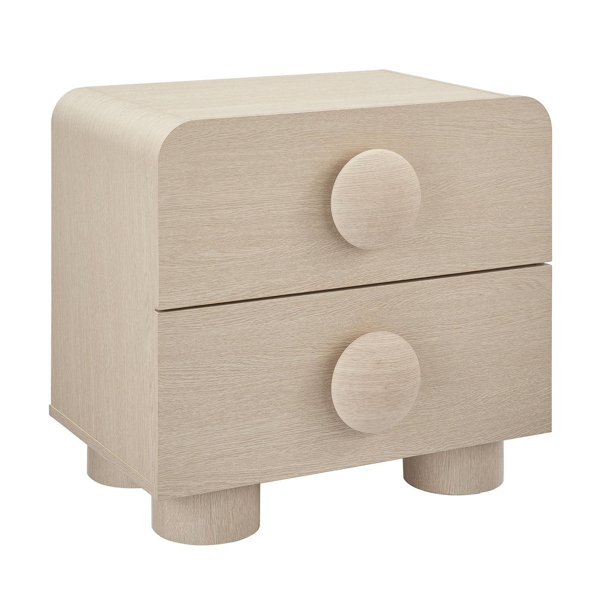 Sonnet 2-Drawer Nightstand in light oak with rounded edges and large circular knob on Tampa Home & Garden Store