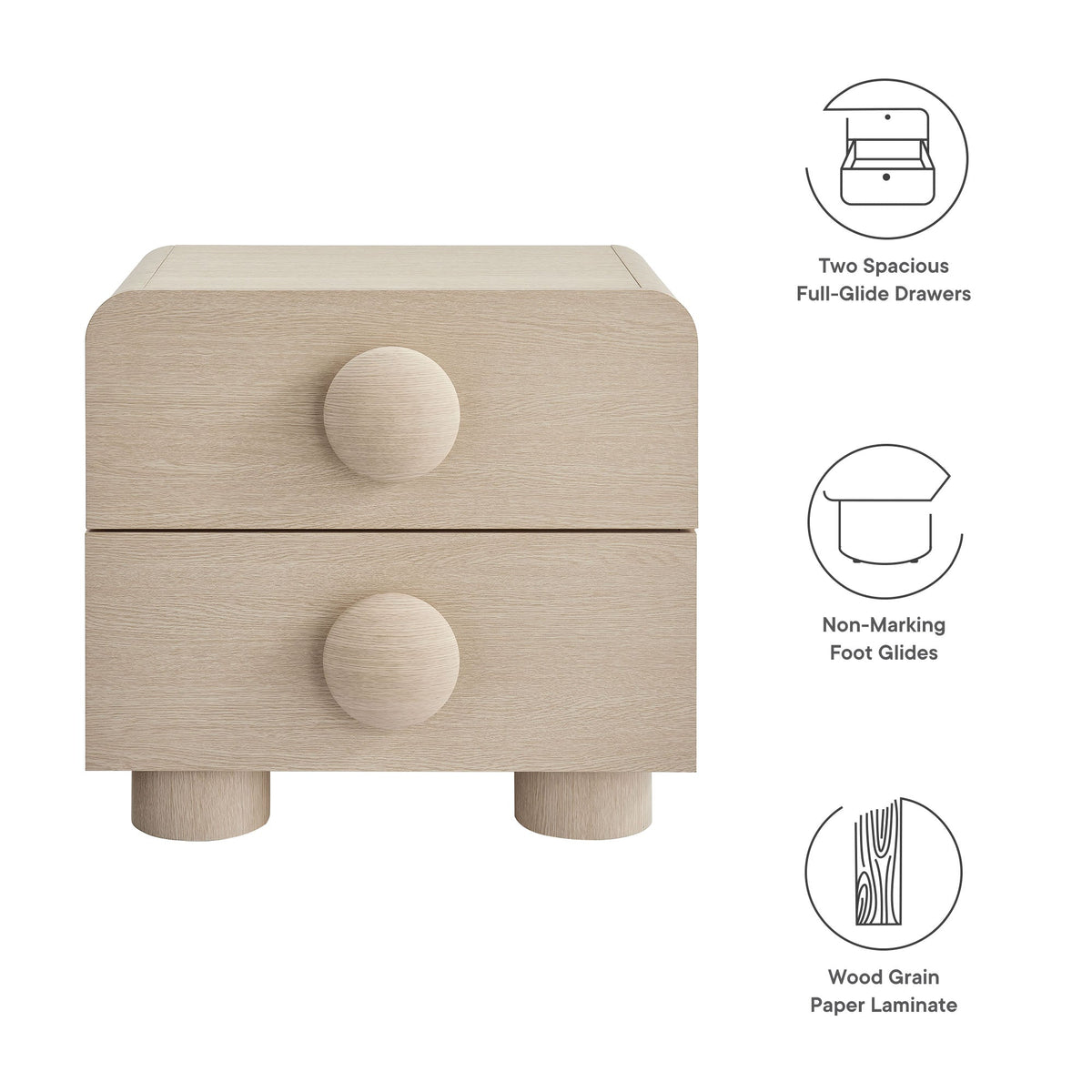 Sonnet 2-Drawer Nightstand by Modway in natural wood grain with rounded edges on Tampa Home & Garden Store