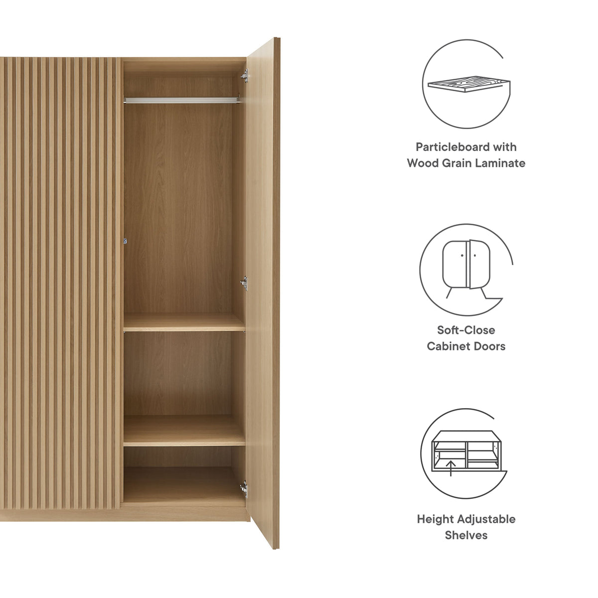 Render 2-Door Wardrobe Closet by Modway in oak wood laminate with hanging rod and shelf on Tampa Home & Garden Store