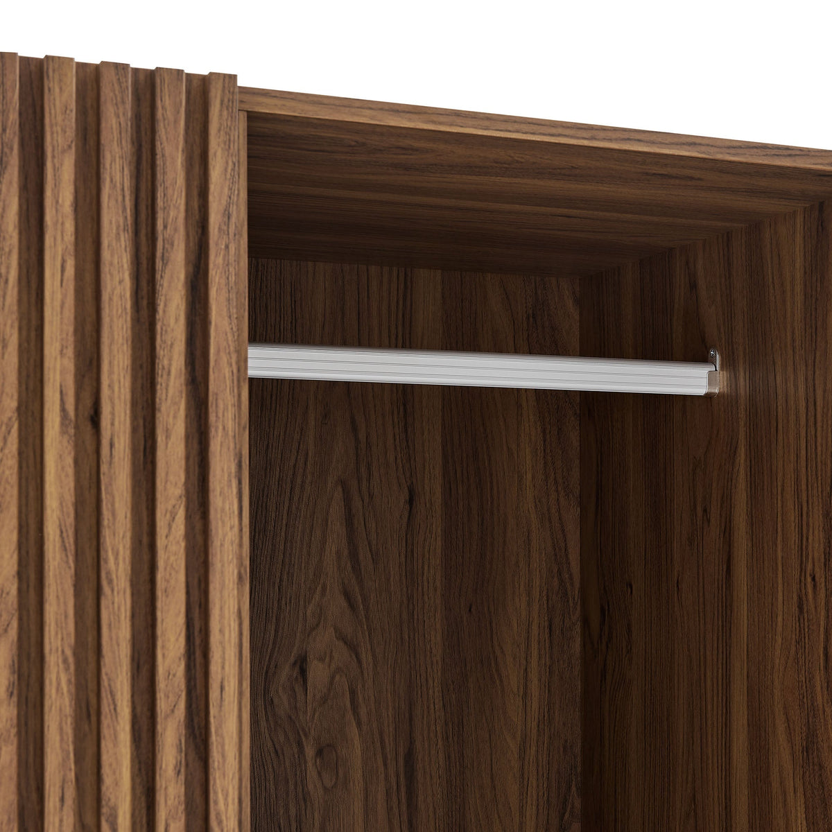 Render 2-Door Wardrobe Closet by Modway interior in walnut wood with metal hanging rod on Tampa Home & Garden Store