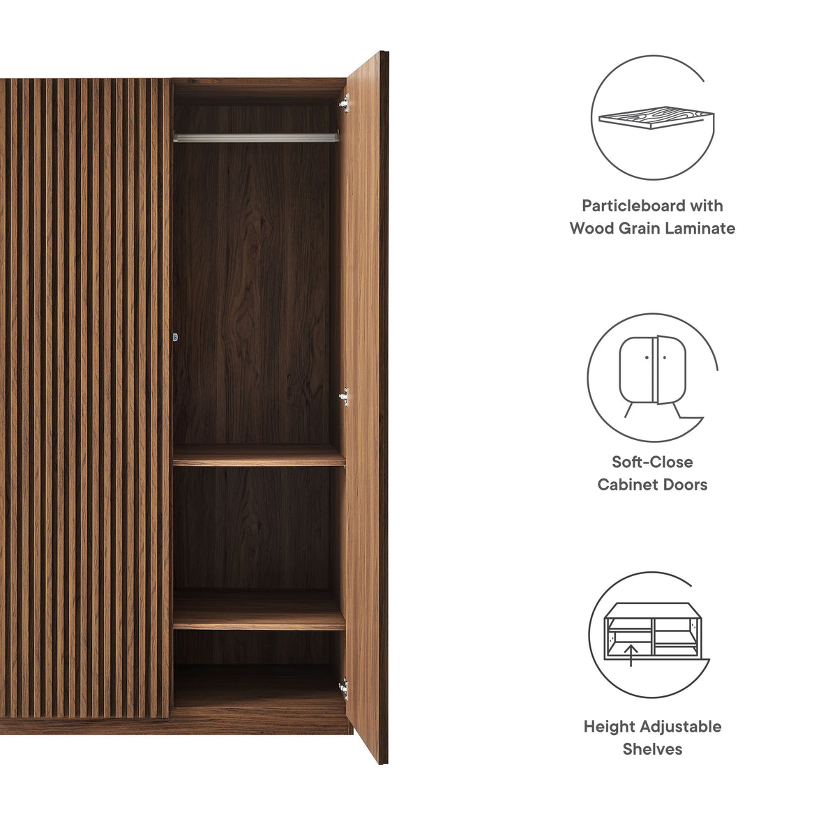 Render 2-Door Wardrobe Closet by Modway in dark wood with slatted doors and interior hanging rod and shelves on Tampa Home & Garden Store