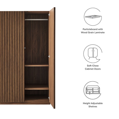 Render 2-Door Wardrobe Closet by Modway in dark wood with slatted doors and interior hanging rod and shelves on Tampa Home & Garden Store