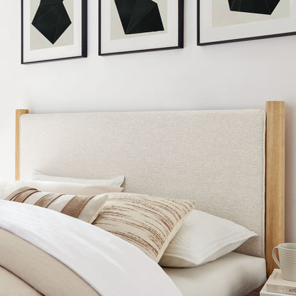Maven Fabric Upholstered Platform Bed in beige fabric with wood posts; two striped pillows on Tampa Home & Garden Store