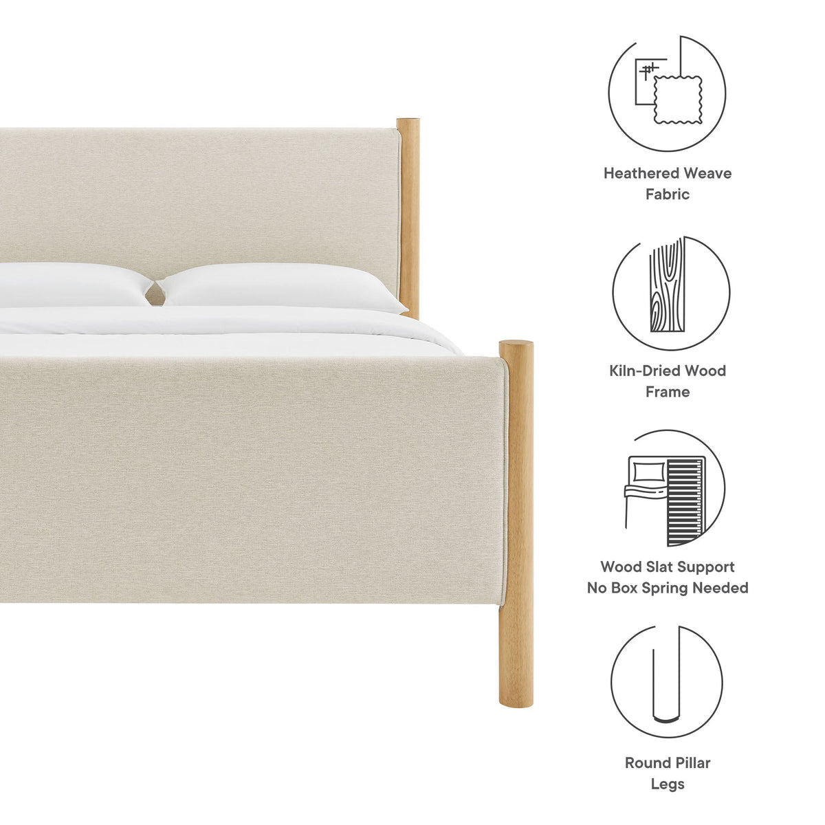 Maven Fabric Upholstered Platform Bed by Modway, beige fabric headboard with natural wood frame on Tampa Home & Garden Store