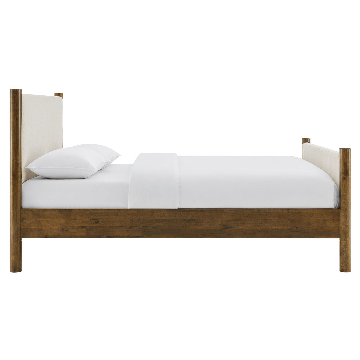 Maven Fabric Upholstered Platform Bed by Modway with beige fabric headboard and wood posts on Tampa Home & Garden Store