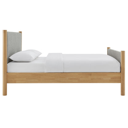 Maven Fabric Upholstered Platform Bed with gray fabric headboard and natural wood frame, 2 beds on Tampa Home & Garden Store