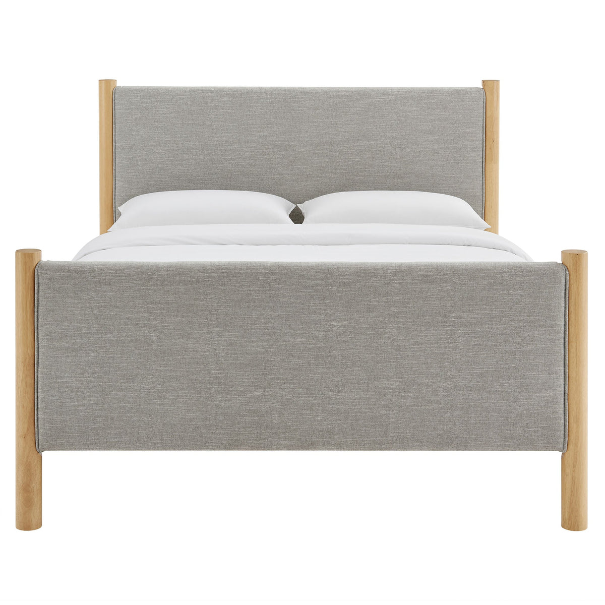 Maven Fabric Upholstered Platform Bed gray fabric headboard and footboard with wood posts on Tampa Home & Garden Store