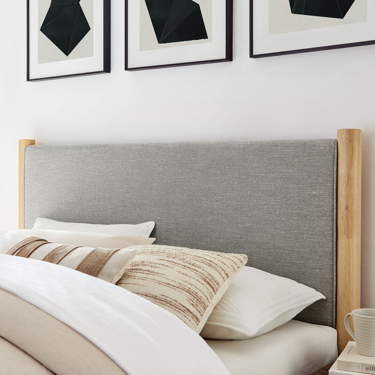 Maven Fabric Upholstered Platform Bed by Modway with gray fabric headboard and light wood posts on Tampa Home & Garden Store