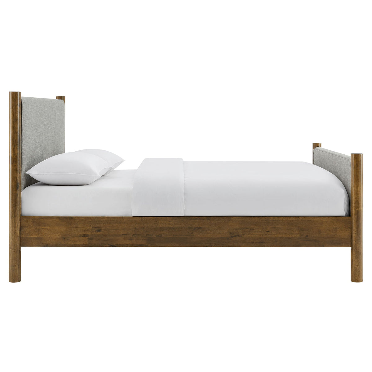 Maven Fabric Upholstered Platform Bed with grey fabric headboard and natural wood frame on Tampa Home & Garden Store