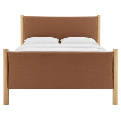 Maven full-size tan vegan leather upholstered platform bed with light wood posts by Modway on Tampa Home & Garden Store