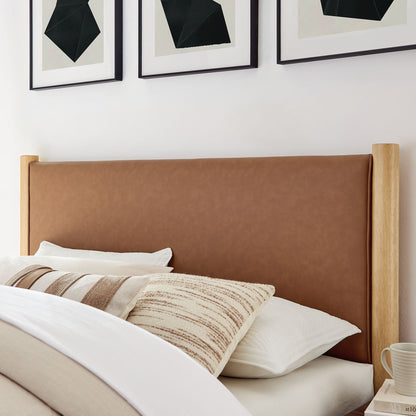 Maven full-size vegan leather platform bed with tan headboard and natural wood posts on bedding on Tampa Home & Garden Store