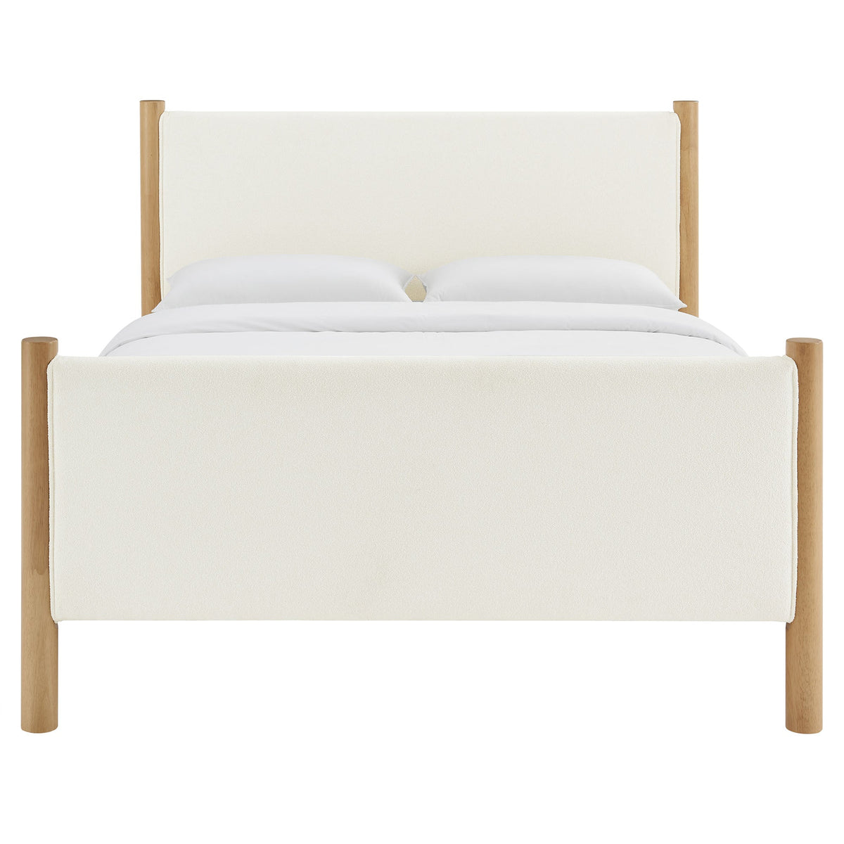 Maven Boucle Upholstered Platform Bed cream boucle fabric with natural wood posts on Tampa Home & Garden Store