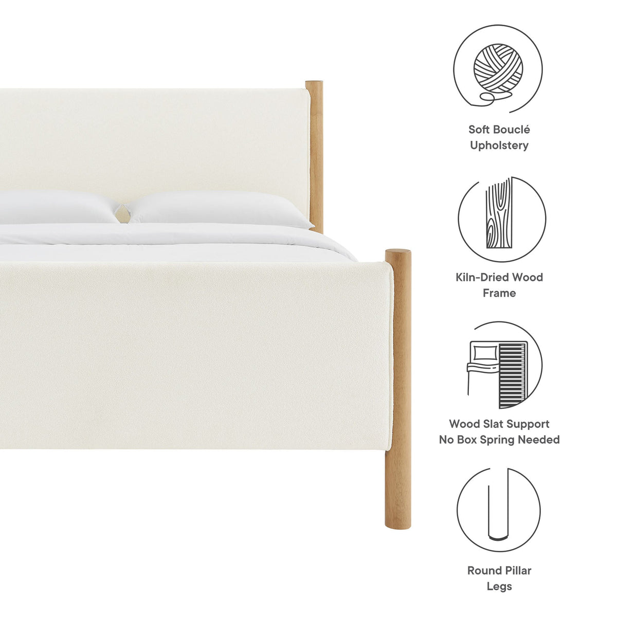 Maven Boucle Upholstered Platform Bed with cream boucle fabric and natural wood frame on Tampa Home & Garden Store