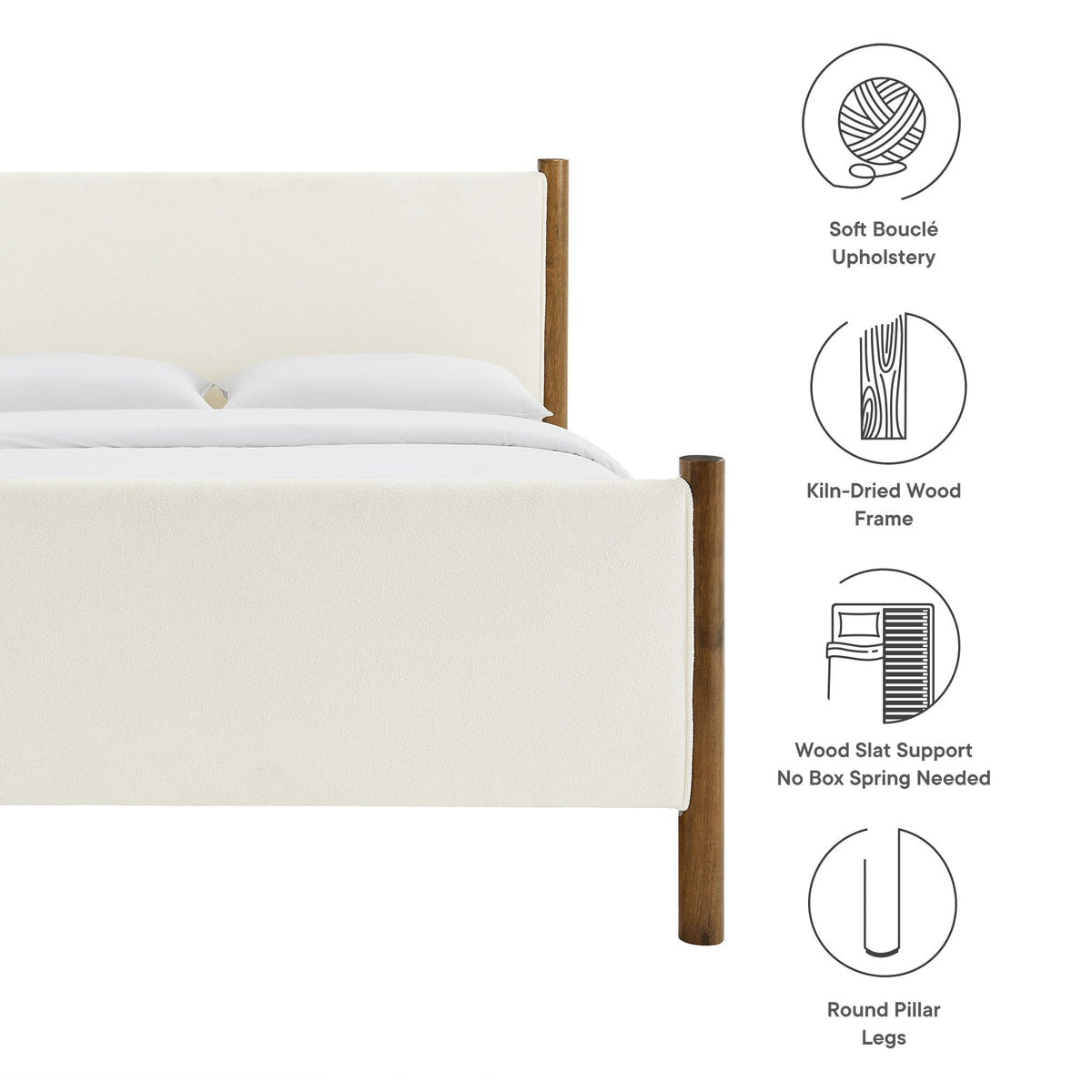 Maven Boucle Upholstered Platform Bed with beige boucle upholstery and wooden posts on Tampa Home & Garden Store