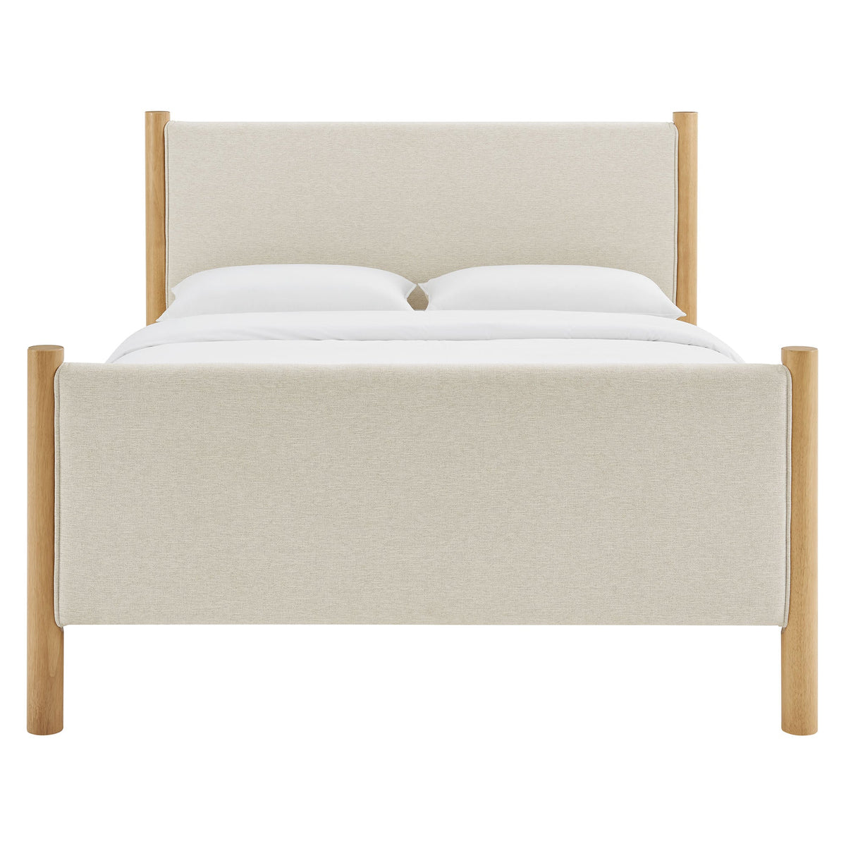 Maven Fabric Upholstered Platform Bed beige fabric headboard with natural wood posts on Tampa Home & Garden Store