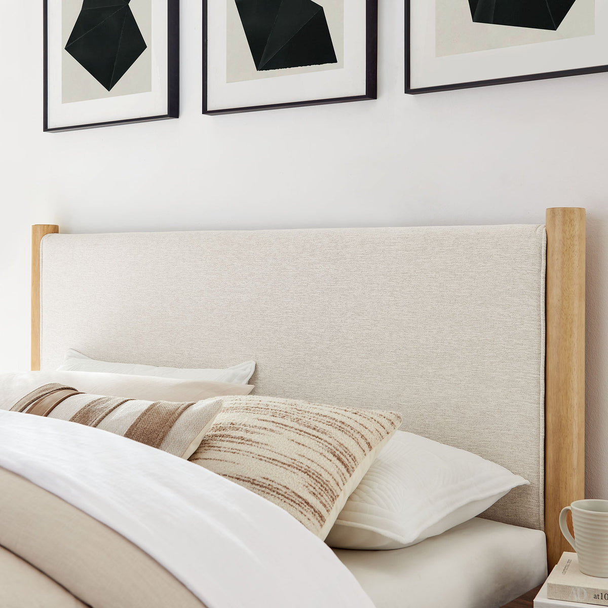 Maven Fabric Upholstered Platform Bed by Modway in beige fabric with light wood posts on Tampa Home & Garden Store