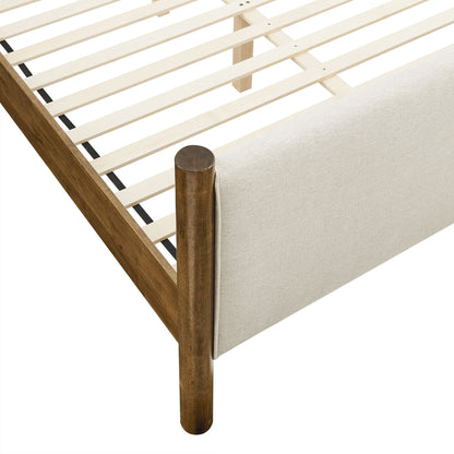 Maven Fabric Upholstered Bed beige fabric with natural wood slats and posts by HouseOfZazla on Tampa Home & Garden Store