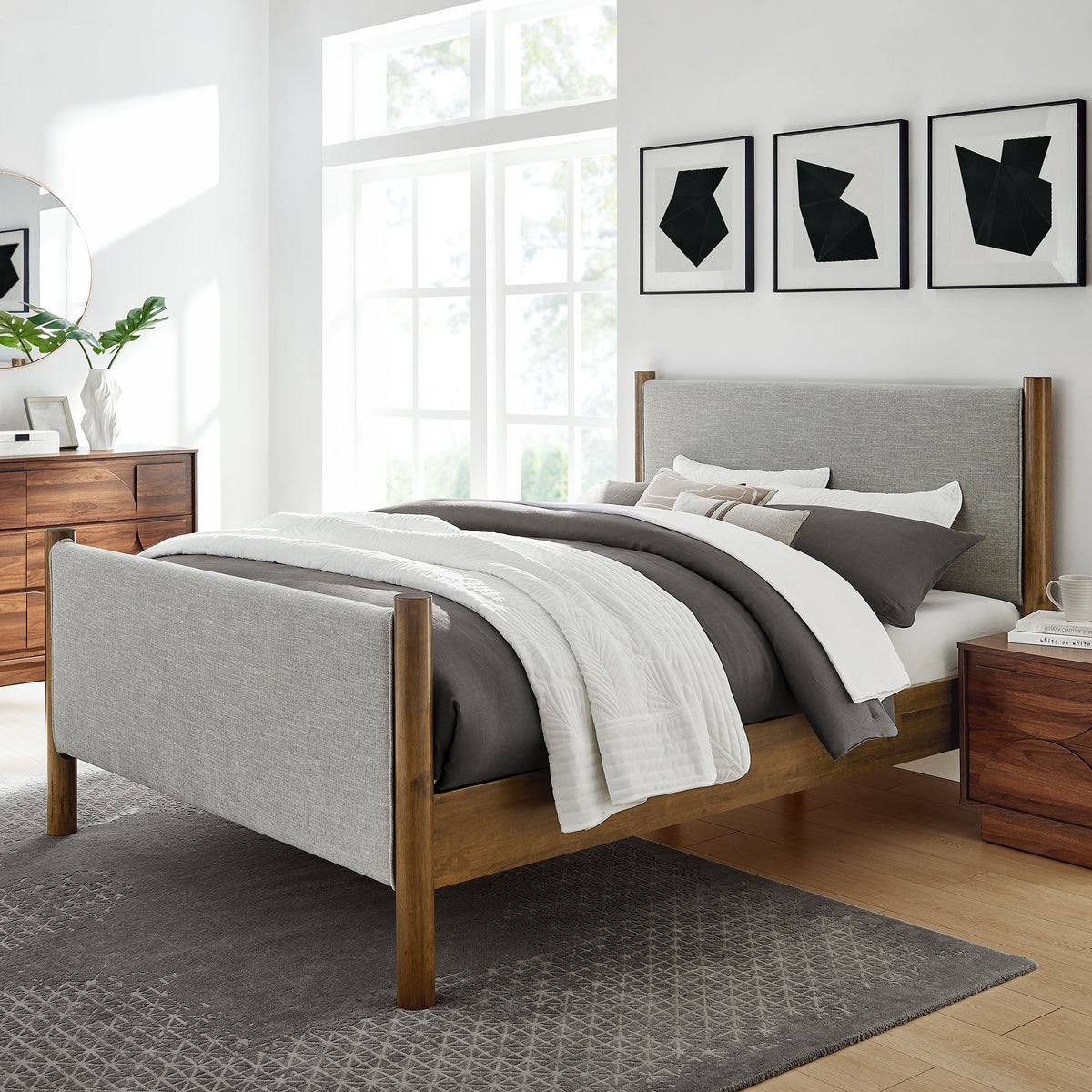 Maven Fabric Upholstered Platform Beds gray fabric with wood posts in a bright bedroom on Tampa Home & Garden Store