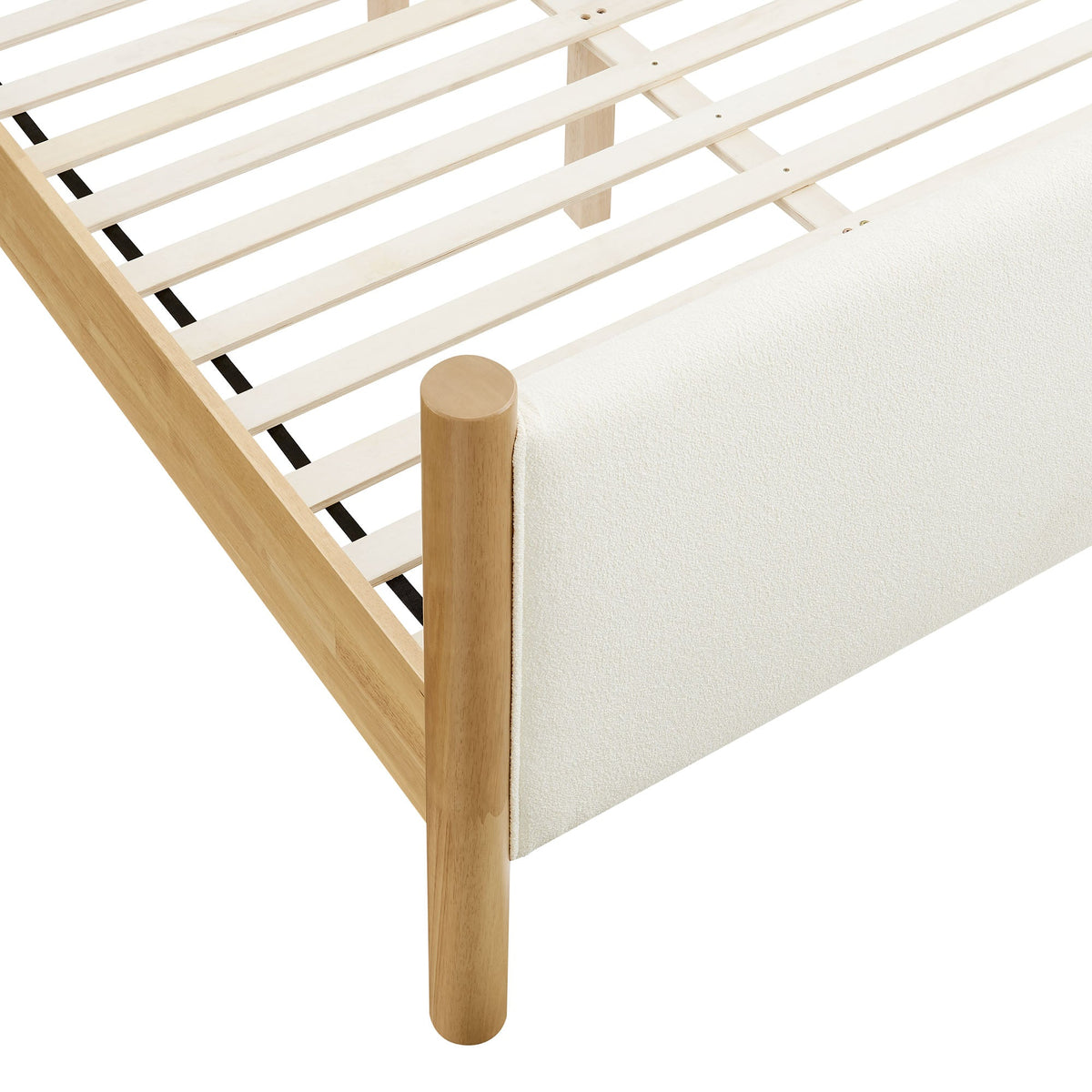 Maven Boucle Upholstered Platform Bed with natural wood slat frame and beige boucle upholstery on Tampa Home & Garden Store