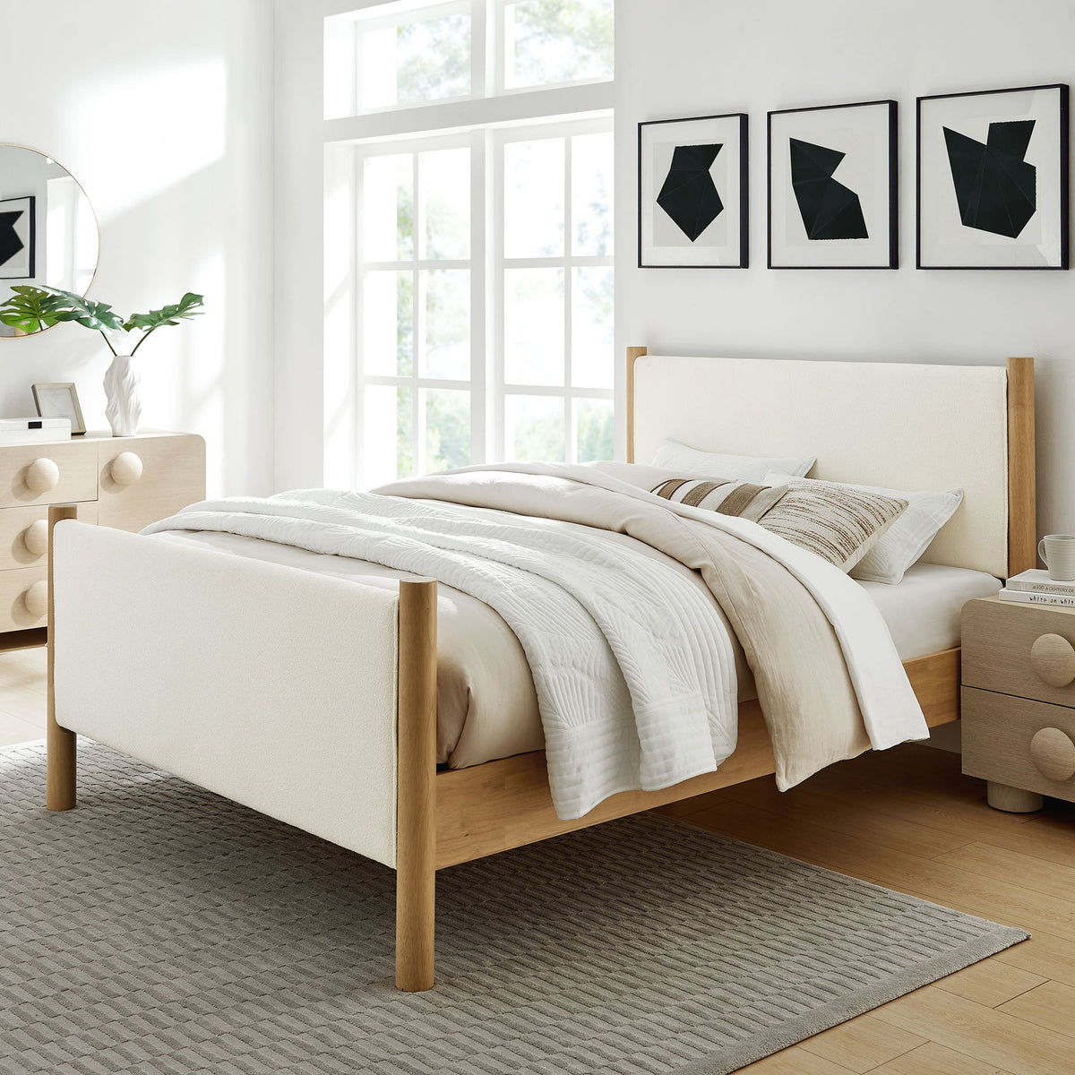 Maven Boucle Upholstered Platform Bed by Modway in cream boucle with natural wood legs on Tampa Home & Garden Store