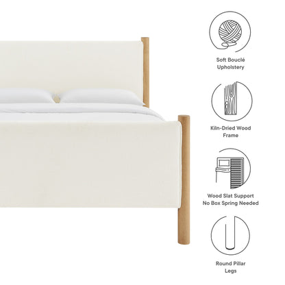 Maven Boucle Upholstered Platform Bed in cream boucle with wood pillar legs on Tampa Home & Garden Store