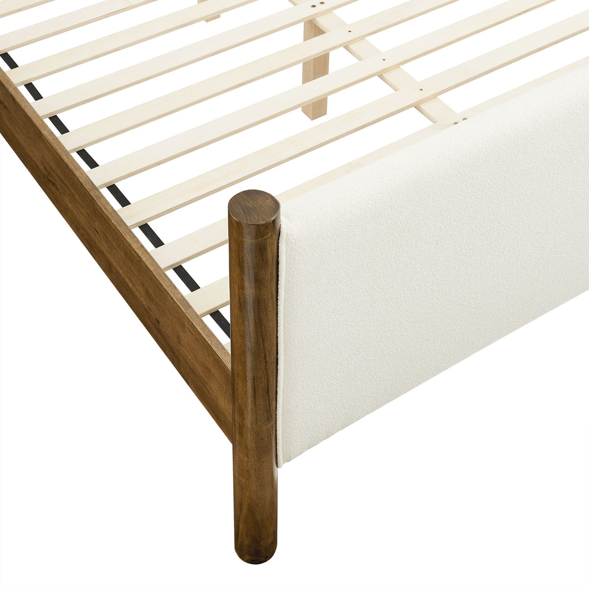 Maven Boucle Upholstered Platform Bed by Modway using boucle fabric and natural wood posts on Tampa Home & Garden Store