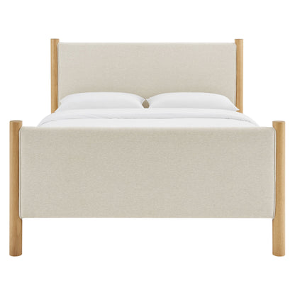 Maven Fabric Upholstered Platform Bed by Modway, beige linen upholstery with natural wood posts on Tampa Home & Garden Store
