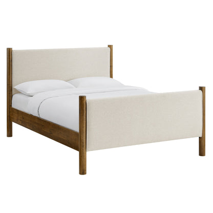 Maven Fabric Platform Bed beige upholstered headboard and footboard wood frame with pillows on Tampa Home & Garden Store