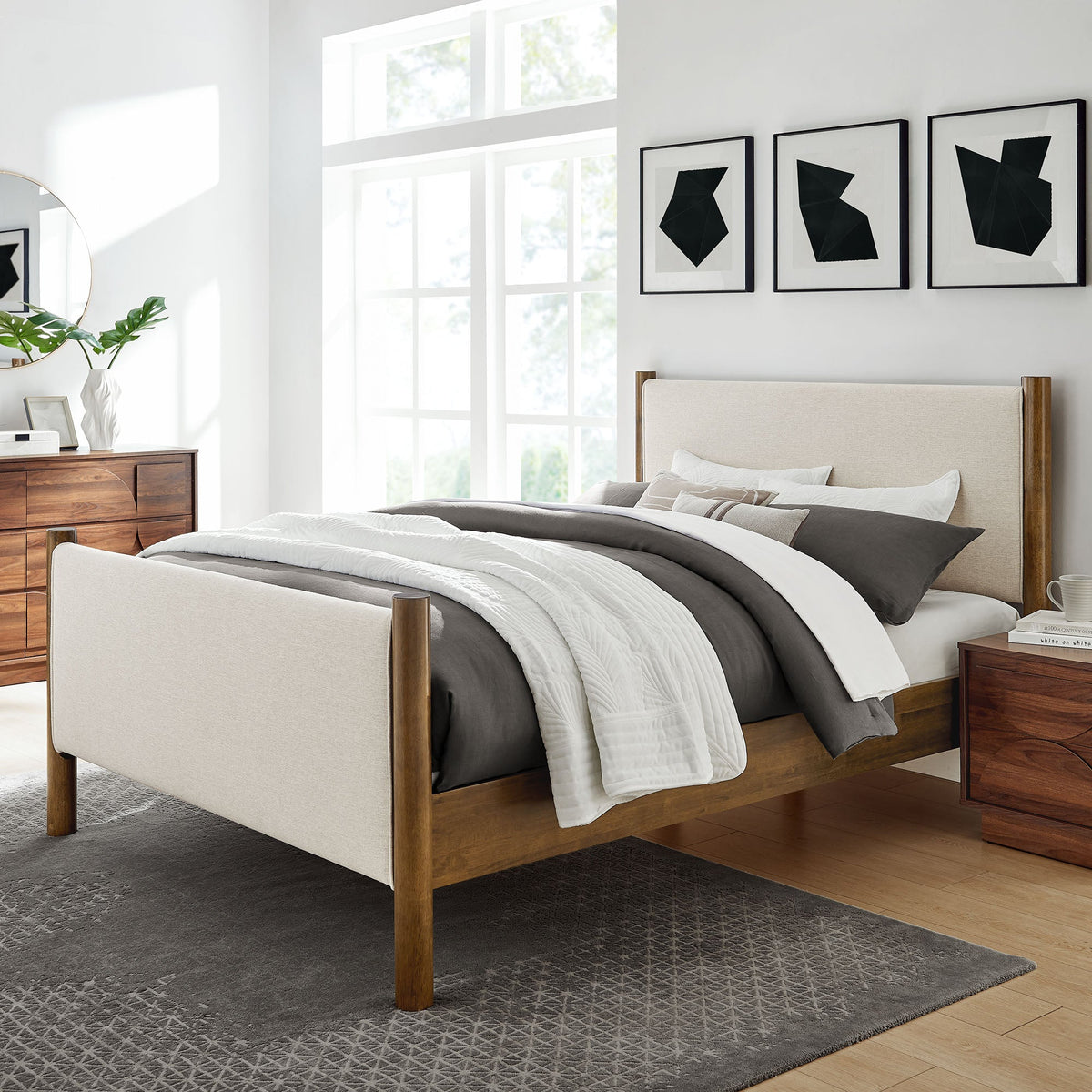 Maven Fabric Upholstered Platform Bed beige headboard with wood legs on Tampa Home & Garden Store