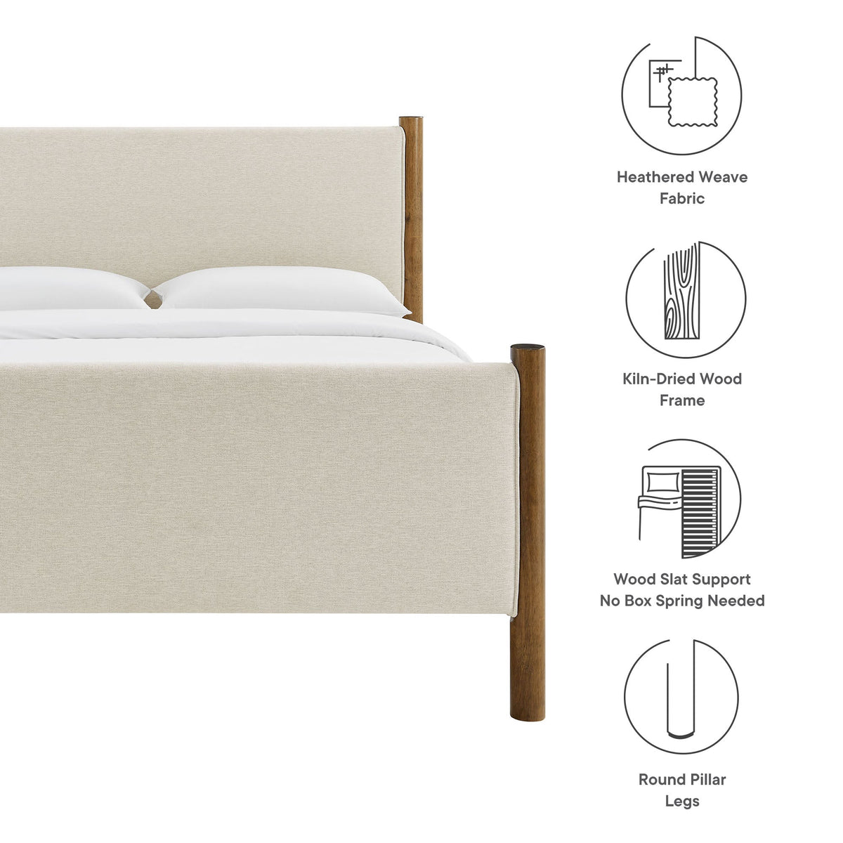 Maven Fabric Upholstered Platform Bed beige with kiln-dried wood frame and round pillar legs on Tampa Home & Garden Store