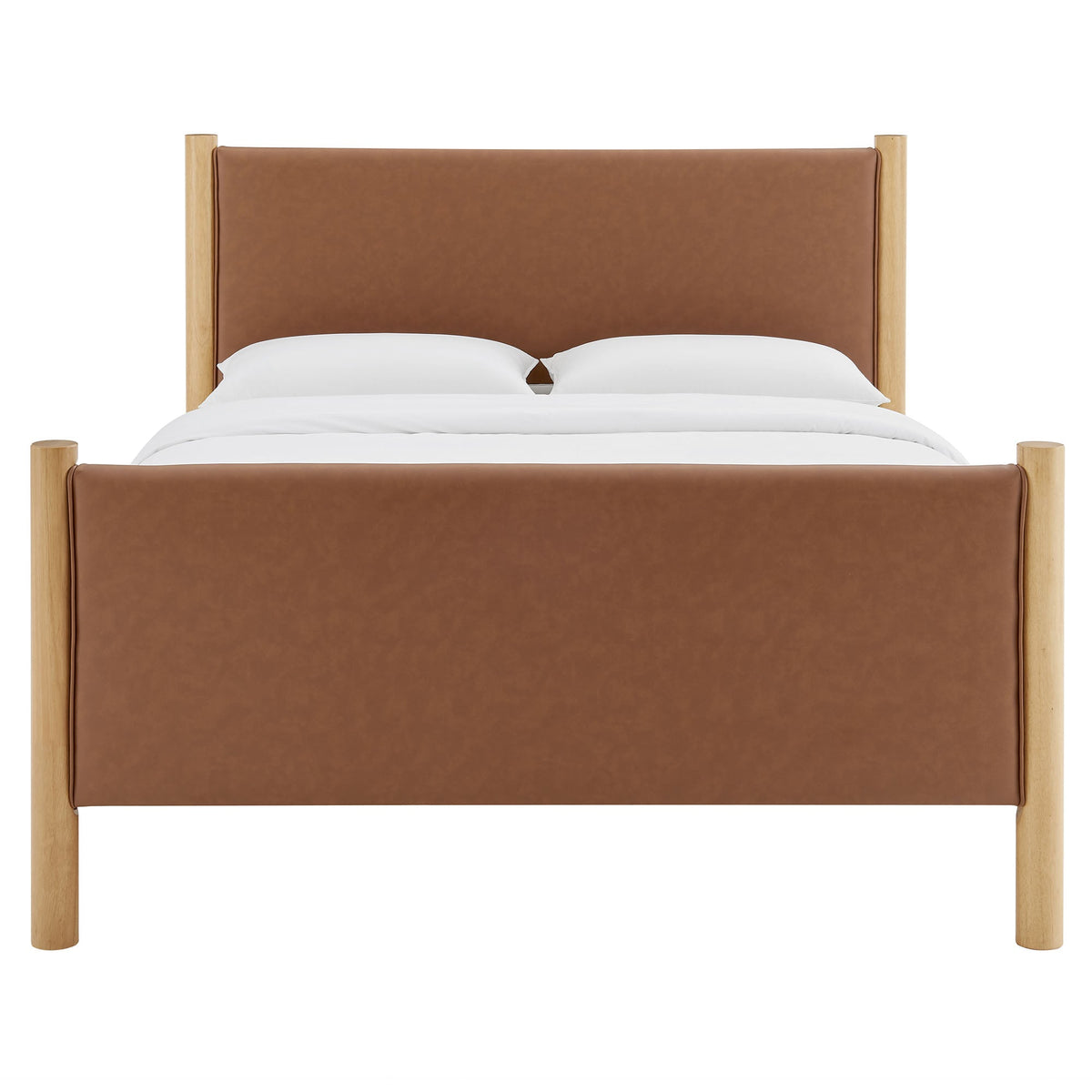 Maven king size vegan leather upholstered platform bed with light wood posts on Tampa Home & Garden Store