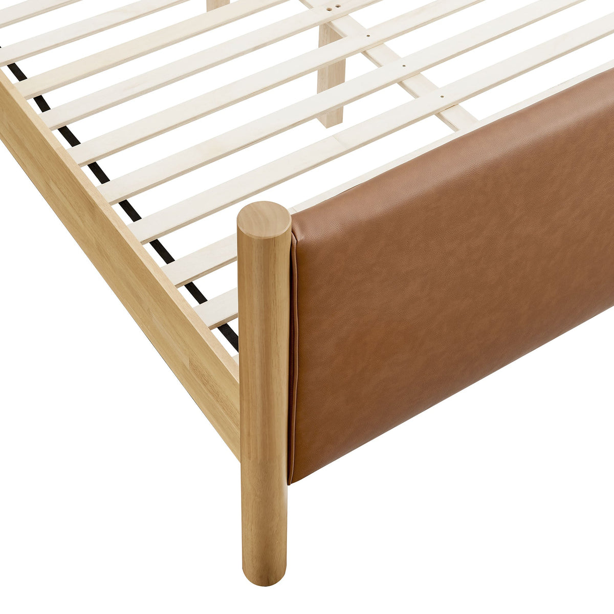 Maven King Size vegan leather platform bed with light wood slats and brown upholstery on Tampa Home & Garden Store