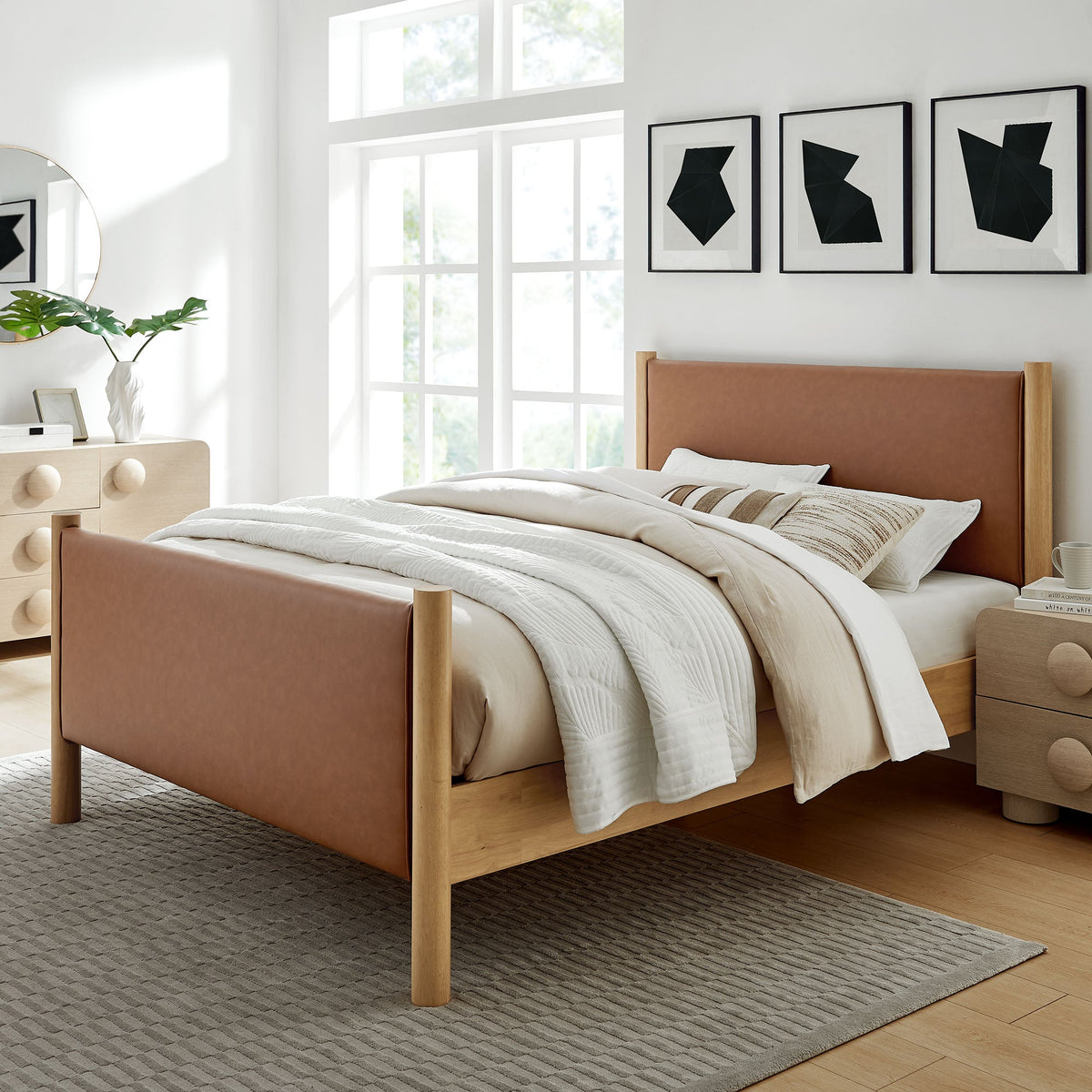 Maven King Size Vegan Leather Platform Bed by Modway in tan leather with wood legs 3 prints on Tampa Home & Garden Store